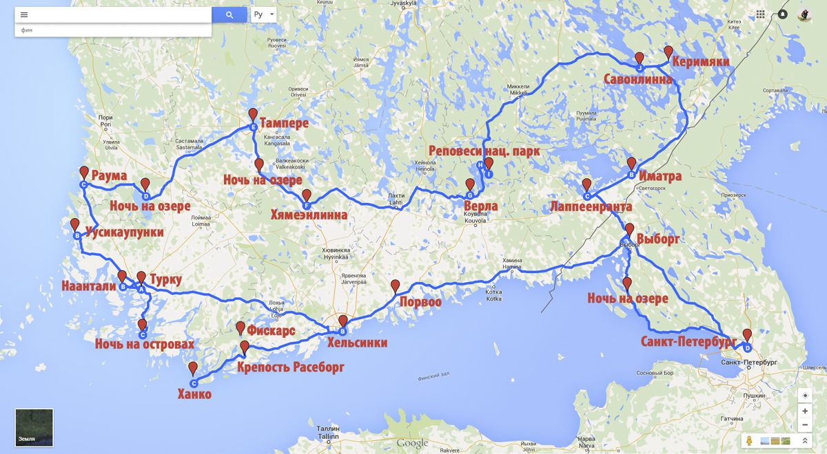 Маршрут показан от города Санкт-Петербурга по городам Финляндии.